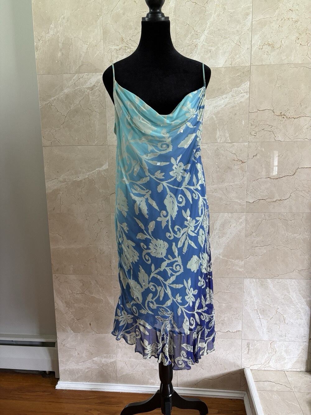 VTG 90s Majick Beaded Midi Slip Dress — XL Blue Ombré Beaded Bias-Cut Cowl Neck